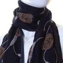 Navy Cotton Flower Embroidered Scarf